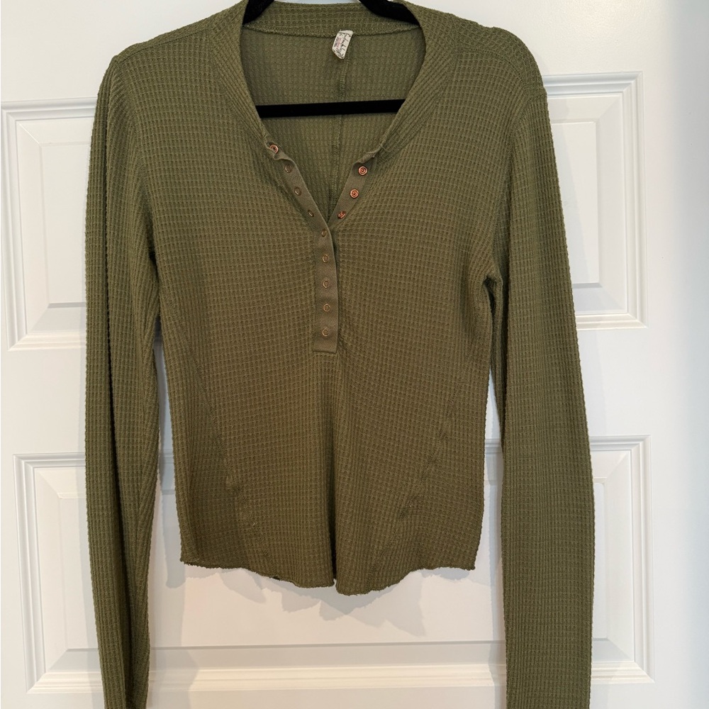 Free People Waffle-Knit Henley Long Sleeve Top